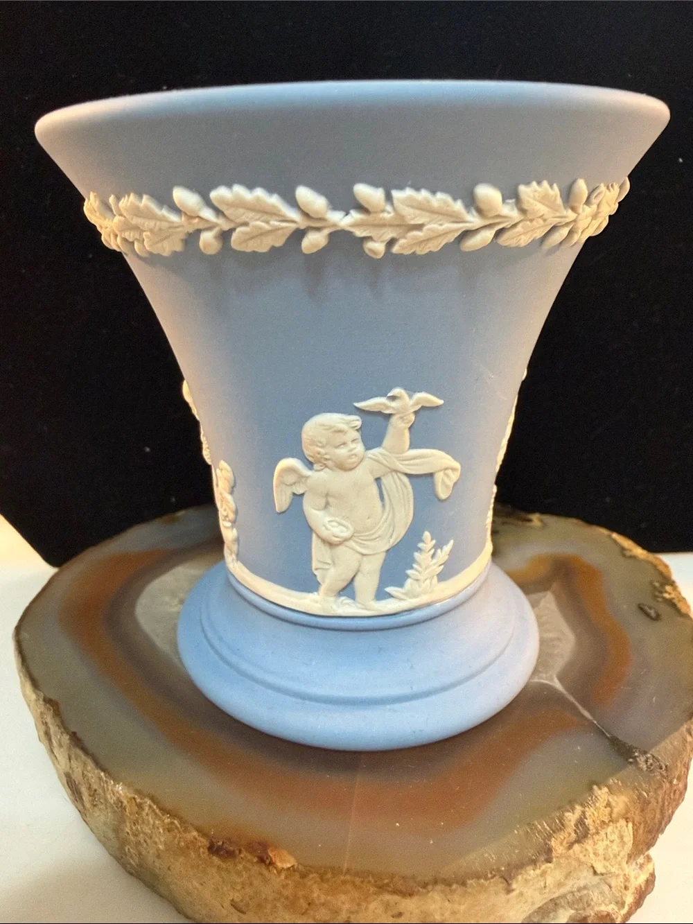 Wedgwood Blue Jasperware Urn vase with Cherub Reliefs Guc 3.25” x 2.5”